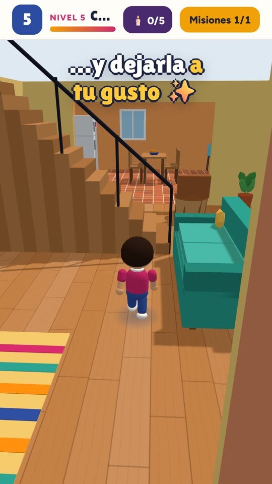 Un personaje camina por la sala de su casa en 3D